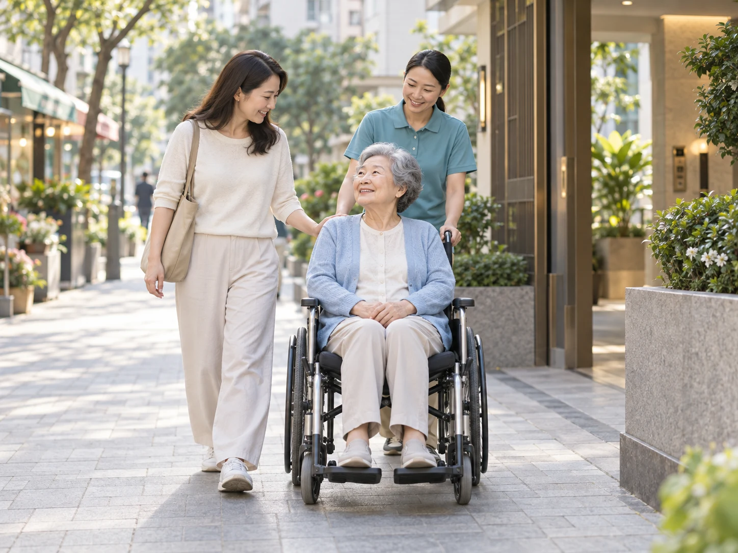 長者與家人及照顧員在社區出行的示意圖