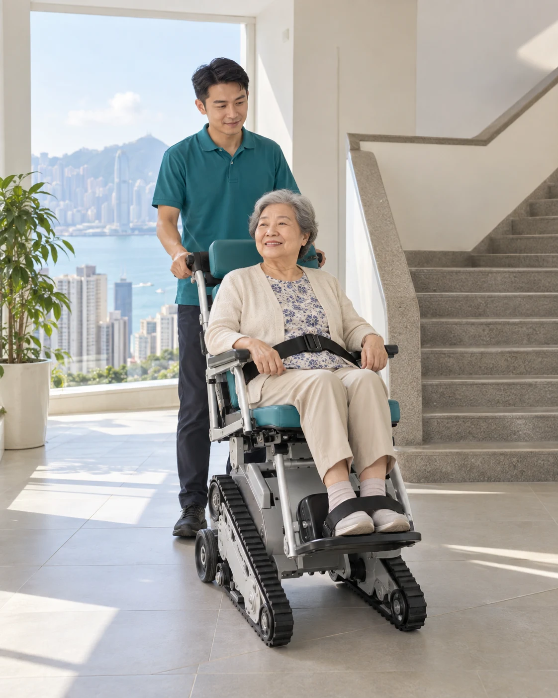 照顧員陪伴長者使用樓梯機的示意圖